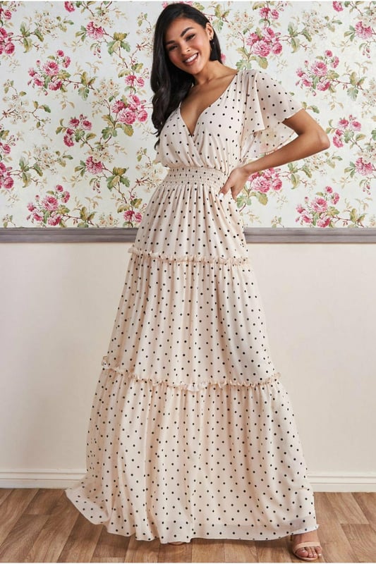 Polka Dot Tiered Chiffon Maxi Dress