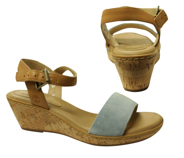 Timberland Whittier Ankle Strap Open Toe Tan Blue Womens Wedge