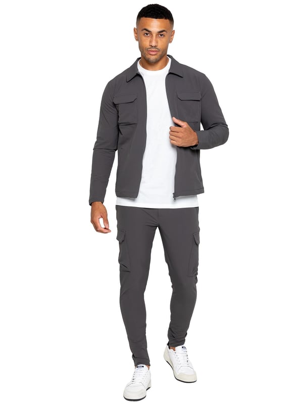 Enzo Mens Cargo Shacket Tracksuit Set Grey
