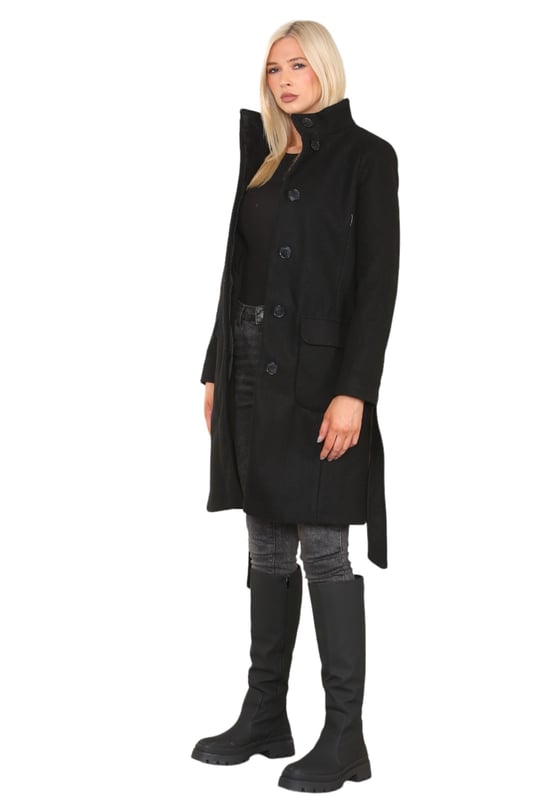 M S COLLECTION Ladies Belted Funnel Neck Trench Coat in Black